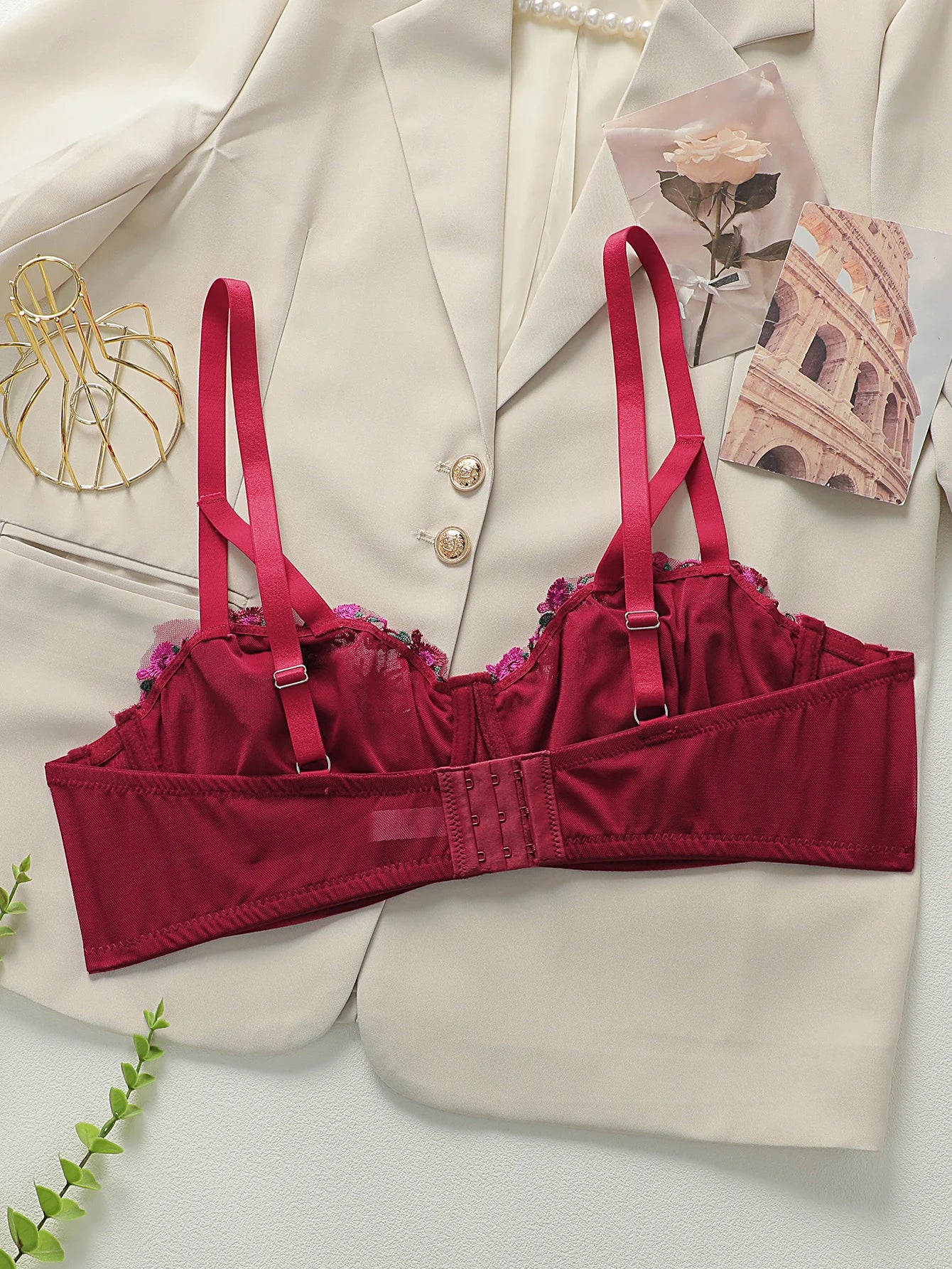 Women Plus Size Blue Floral Embroidered Lingerie Set Lace Trim Push Up Bra Stretchy Comfort Intimates For Curvy sexy Ladies 3562