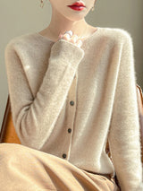 Women 100% Merino Wool Cardigan Soft O-Neck Cashmere Sweater OL Buttoned Knitwear Casual Top Clothing Korean Style