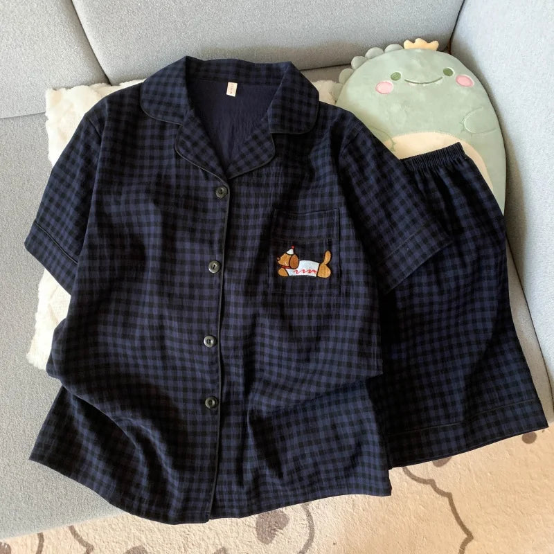 Embroidery Dog Sweet Fashion Cute Pajamas Set for Women Plaid Lapel Neck Elastic Waist Design Pajamas Short New Casual Nightwear