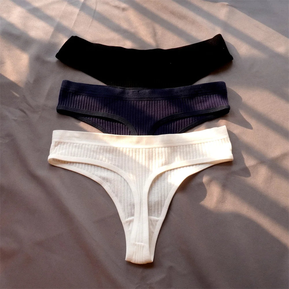 3 Pcs Seamless Ladies Ribbed Cotton Thong Simple Women's Low Waist Bikini Briefs Sports Girls Underwear Plus Size