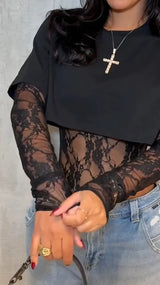 Sexy Women Crop Top+Lace Jacquard Full Sleeve Bodysuit Hottie Street Clubwear Slim Wild Matching Basic Skinny Tees