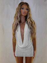 Solid Colour Sexy Stacked V Neck Sleeveless Backless Knit Beach Mini Dress 2026 Women Summer Swimsuit Cover Up Party Outfit K145
