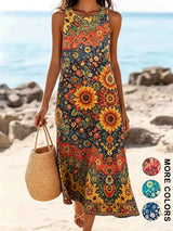 2026 Women's Sleeveless Bohemian Floral Casual Beach MIDI Sundress With Pockets Flowing and Loose Sweetheart Rustic Country
