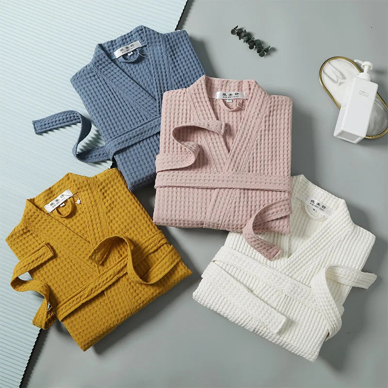 Cotton Terry Robe for Spring and Summer Thin Morning Robe Long Sleeve Waffle Bathrobe Hotel Beauty Bath Towel for Couples