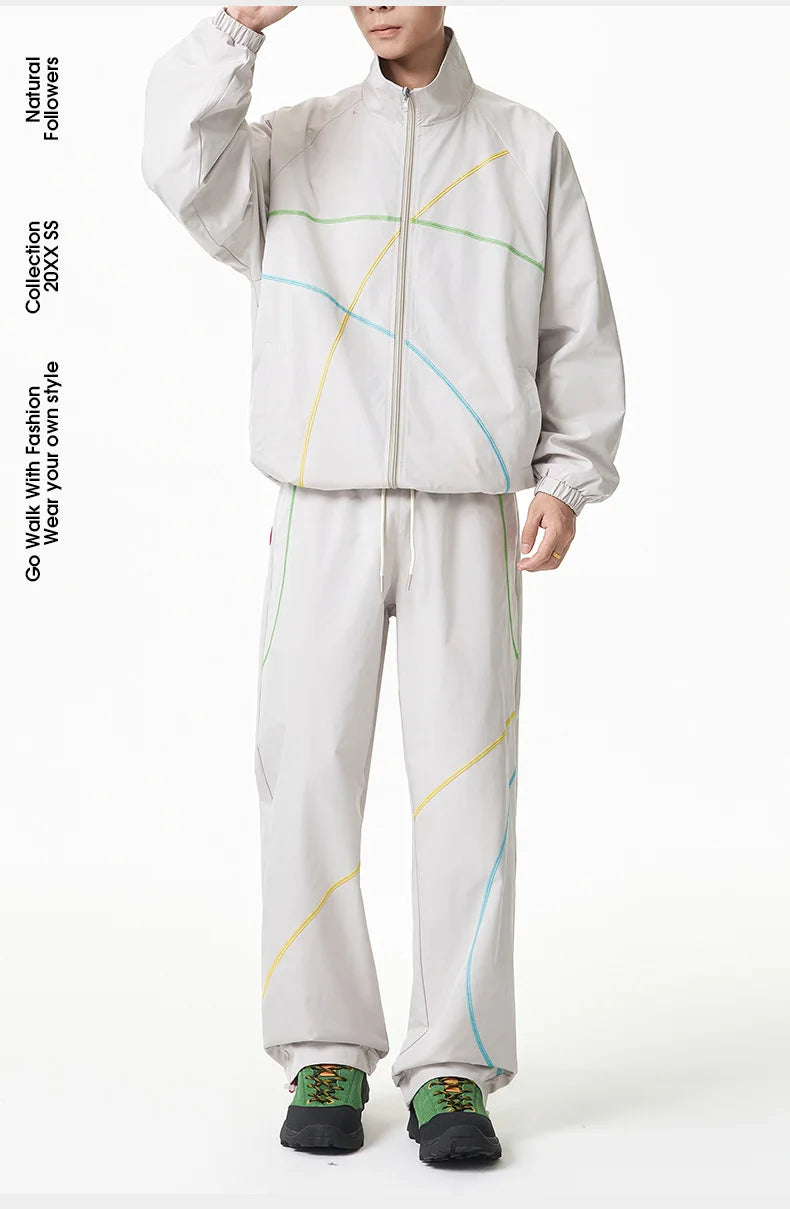 Unisex 2‑Pieces Tracksuit Set Color Contrast Stitching Stand Collar Zip‑Up Jacket Wide Leg Pants Windproof Outdoor Hiking Set