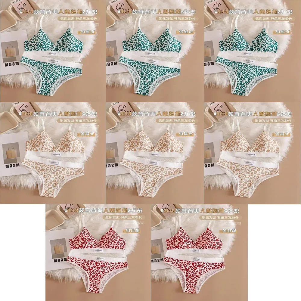 1/3/8Pcs Seamless Bra Set Low Waist Panties Leopard Bralette Sexy Lingerie Set Vneck Sport Brassiere Female Cotton Underwear Set
