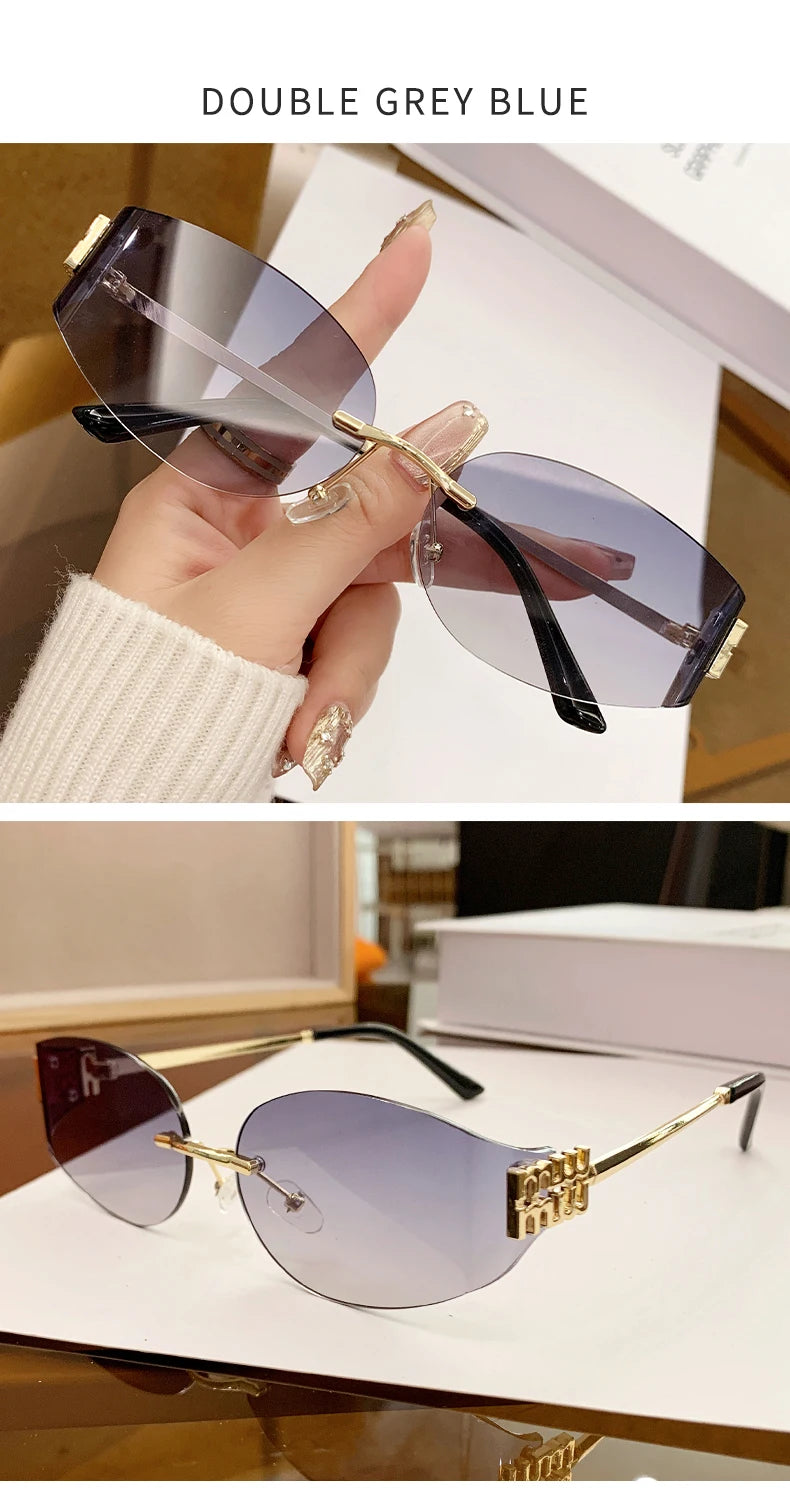 Rimless Oval Sunglasses Women UV400 Oversized Gradient Black Lenses Metal Frame Punk Decorative Glasses Men Goggles Female