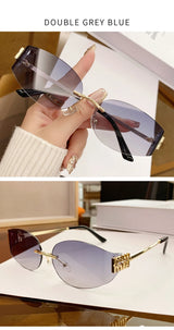 Rimless Oval Sunglasses Women UV400 Oversized Gradient Black Lenses Metal Frame Punk Decorative Glasses Men Goggles Female