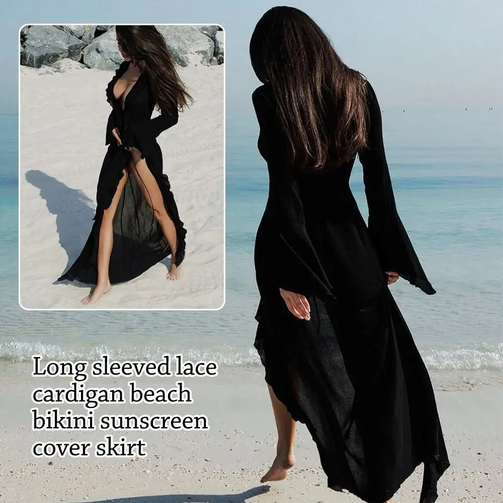 V Neck Summer Beach Cover Up Long Sleeve Ruffled Bikini Sunscreen Smock Vacation Casual Swimsuit Cover Up Dress for Women