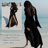V Neck Summer Beach Cover Up Long Sleeve Ruffled Bikini Sunscreen Smock Vacation Casual Swimsuit Cover Up Dress for Women