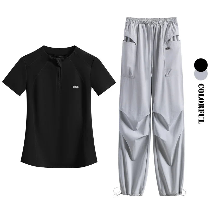 DRUR Summer Hiking Tracksuit Women Breathable Quick Dry Running Set  2 Piece Gym Outfit Slim Fit Sports Top Cargo Pants Suit New