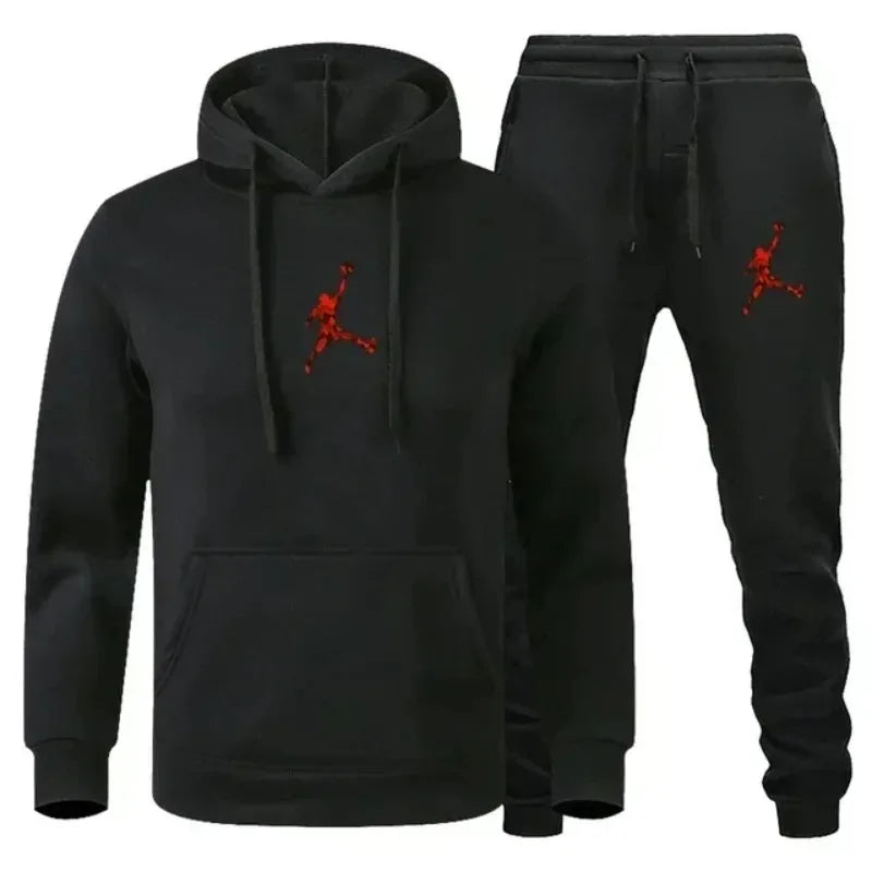 A 2-piece men's outdoor fitness sportswear set featuring a hooded long-sleeved sweatshirt, pullover and casual pants for autumn