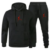 A 2-piece men's outdoor fitness sportswear set featuring a hooded long-sleeved sweatshirt, pullover and casual pants for autumn