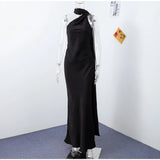 Elegant Ribbon Halter Dress Women Solid Off Shoulder Sleeveless Backless Slim Maxi Dresses 2025 Summer Autumn Party Robes Lady
