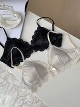 Korean Style Triangle Cup Bow Lace Bra for Women Small Chest Satin Underwear Sweet Breathable Comfortable Soft Bra