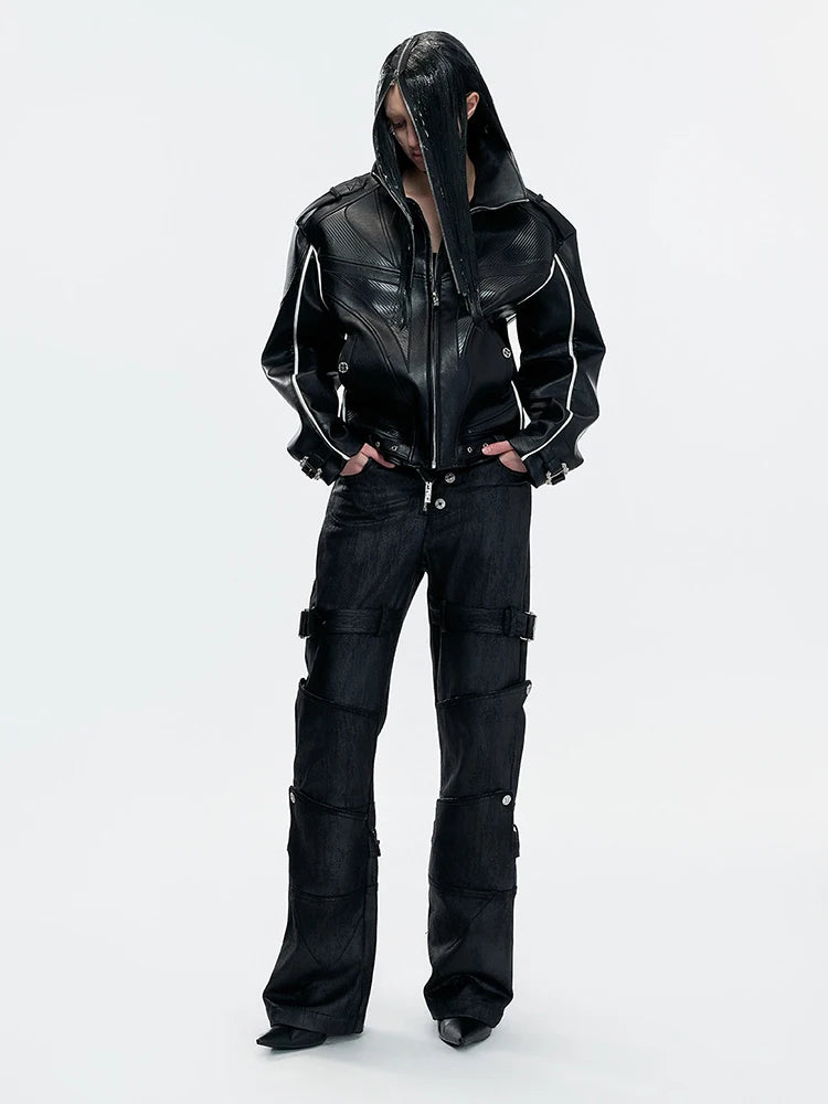 Mauroicardi Spring Long Black Distressed Waxed Cotton Denim Pants Man Metal Buckle Strap Streetwear Jeans Fashion Man Clothing