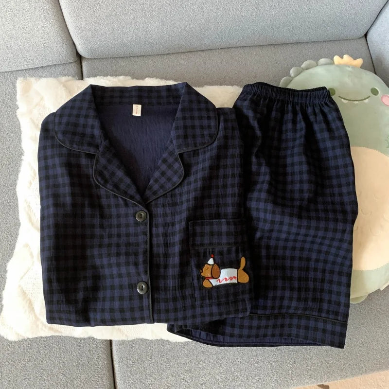 Embroidery Dog Sweet Fashion Cute Pajamas Set for Women Plaid Lapel Neck Elastic Waist Design Pajamas Short New Casual Nightwear