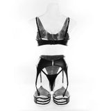 Sexy Hollow Out Leather Lingerie Set Women's Solid Simple Three Piece Underwear Set Female Sujetadores Transparente Para Mujeres