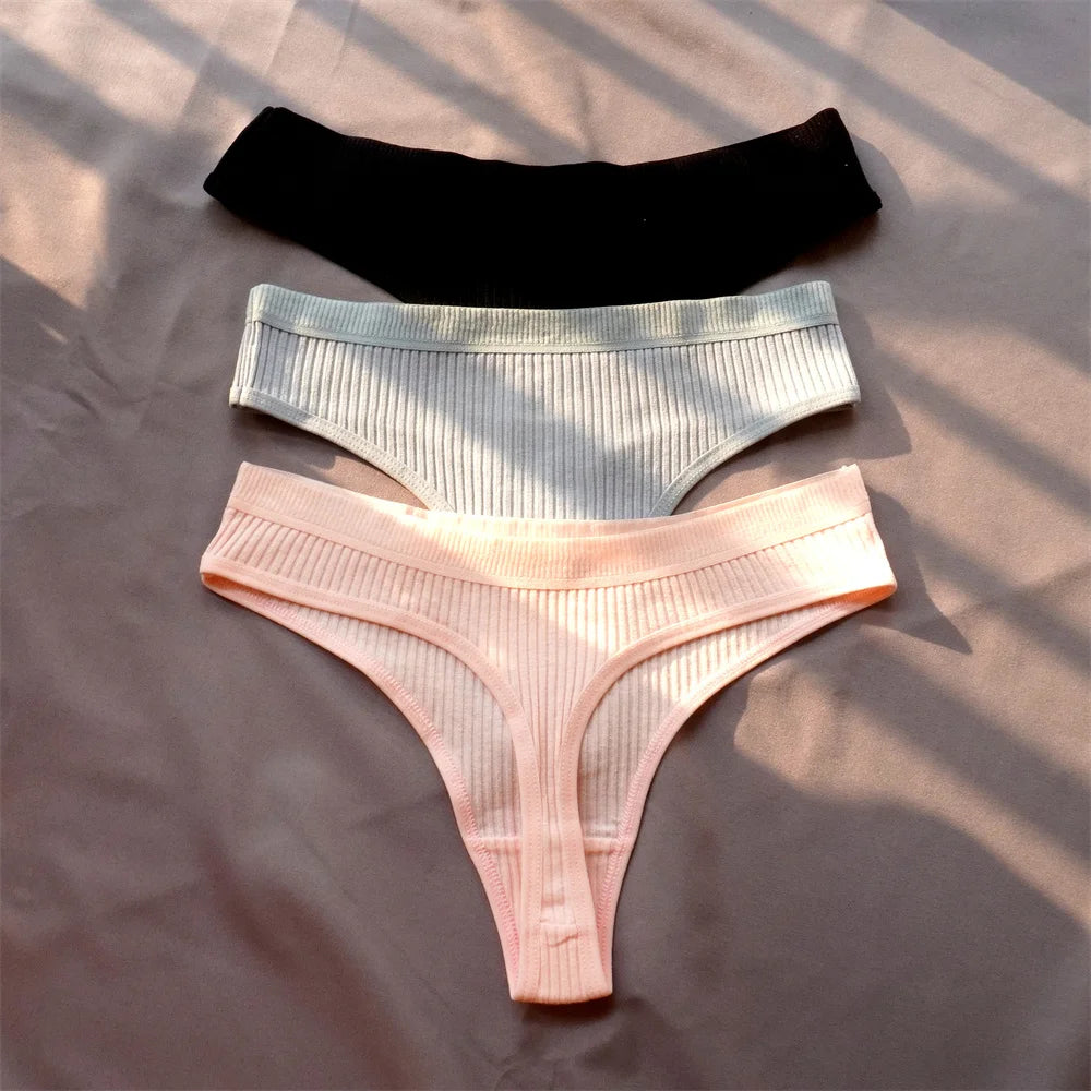 3 Pcs Seamless Ladies Ribbed Cotton Thong Simple Women's Low Waist Bikini Briefs Sports Girls Underwear Plus Size
