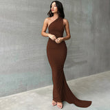 Hugcitar One Shoulder Backless Adjustable Scarf Loop Ruched Sexy Maxi Dress Women Elegant Y2K Streetwear Festival Outfit