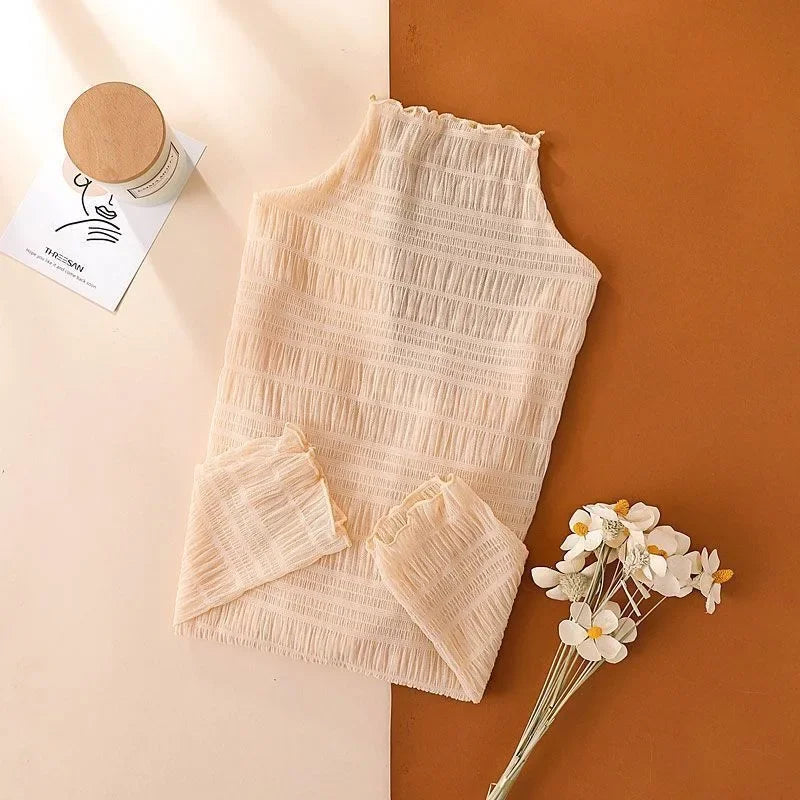 Women Elegant High Neck Polka Dot Blouse Mesh Lace Stitching Puff Long Sleeve Shirt Slim Fit Office Ladies Fashion Daily Tops