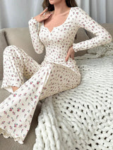 Sleepwear Women Floral Print Lettuce Trim Top with Long Pant Lovely Loungewear Full Sleeve Nightwear Spring Autumn Pajamas Set