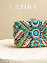 Women's Glamorous Luxury Colorful Beads Pearls Clutch Metal Frame Case Evening Bag Long Chain Purse Party Holiday Travel Tribal