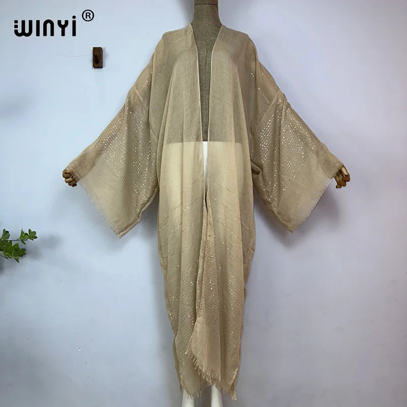 WINYI 2023 Women Bohemian Gold Thread Monochrome Elegant Casual Dress African Cardigans Outerwear For Women Summer Sexy Kimono