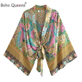 Boho Queens Peacock Short Robe Kimono Swimsuits Women Fashion Floral Batwing Sleeves Rayon Bohemian Bikini Cover Ups Beachwear