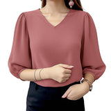 ZANZEA Women Crinkled Texture Puff Sleeve Blouse, Elegant O Neck 3/4 Sleeve Blusas Mujer, Summer Fashion Solid Color Casual Tops