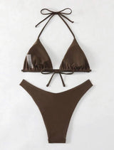 Women Thong Bikini Sexy Solid White/Black/Coffee Halter Swimsuit Lace Up Brazilian Bathing Suit 2025 New Double Fabric Beachwear
