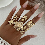 6pcs Set Exaggerated Personality Summer Starfish Shells Sun Flower Rings for Women Retro Irregular Charm Finger Jewelry Set Gift
