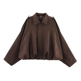 HH Women Brown Green Suede Jacket Loose Casual Bomber Coat Lapel Zipper Long Sleeve Jackets Vintage Lady Motorcycle Outwears