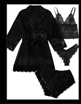 4 Pieces Woman Sleepwear Pajamas Ser With Robe Sexy Lace Lingerie Bathrobe Silk Satin Home Clothed Nightwear Robe