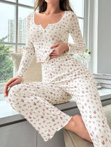 Sleepwear Women Floral Print Lettuce Trim Top with Long Pant Lovely Loungewear Full Sleeve Nightwear Spring Autumn Pajamas Set