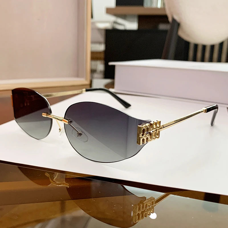 Rimless Oval Sunglasses Women UV400 Oversized Gradient Black Lenses Metal Frame Punk Decorative Glasses Men Goggles Female
