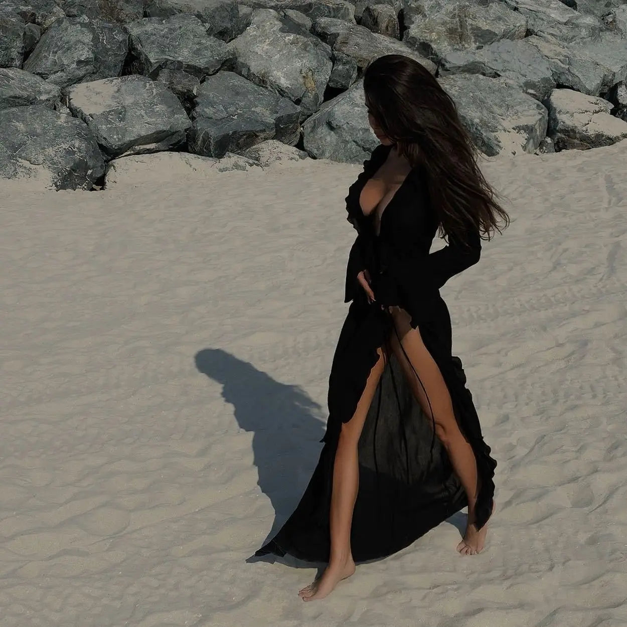 Beach Cover Up Cover-ups Dress Chiffon Long Sleeve Sunscreen Beachwear Womens Clothing Sexy V Neck Ruffled Black White New Tunic