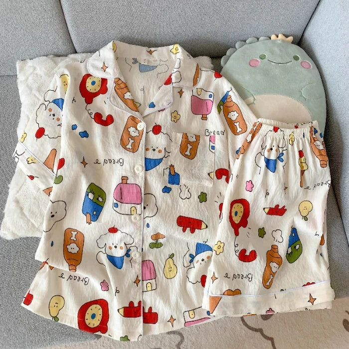Embroidery Dog Sweet Fashion Cute Pajamas Set for Women Plaid Lapel Neck Elastic Waist Design Pajamas Short New Casual Nightwear