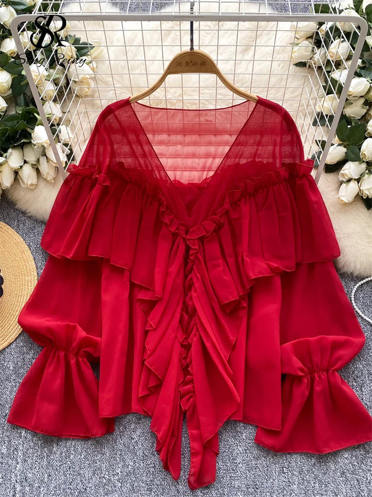 SINGREINY Chic Ruffles Splice Chiffon Blouse V Neck Flared Sleeve Loose Tops 2025 Fashion Solid Fairycore Vacation Women Shirt
