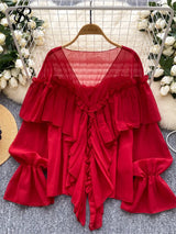 SINGREINY Chic Ruffles Splice Chiffon Blouse V Neck Flared Sleeve Loose Tops 2025 Fashion Solid Fairycore Vacation Women Shirt