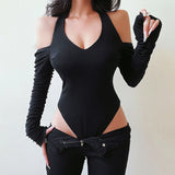 Women's Sexy Hollow Bodysuit Long Sleeved Off-Shoulder Tops Solid Color Fashion Hanging Neck Collar Jumpsuit Bottoming Clothes