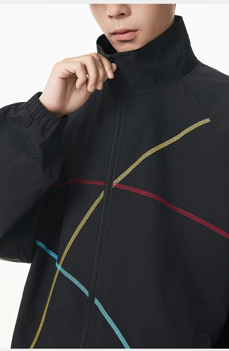 Unisex 2‑Pieces Tracksuit Set Color Contrast Stitching Stand Collar Zip‑Up Jacket Wide Leg Pants Windproof Outdoor Hiking Set