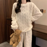 Women's Thickened Warm Sleepwear coral velvet homewear Fluffy O-neck leisure pajamas Striped Large Size Adapted Winter Sleepwear