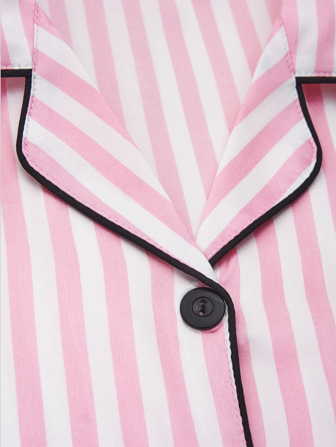 Classic Striped Print And Pocket Letter Short-Sleeve Long Pants Pajama Set, Satin Sleepwear with Lapel Collar and Button Detail