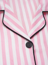Classic Striped Print And Pocket Letter Short-Sleeve Long Pants Pajama Set, Satin Sleepwear with Lapel Collar and Button Detail