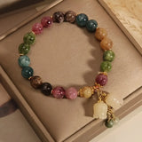 Bohemian Multicolor Gemstone Bracelet, Beaded Tassel Pendant Hand Chain with Golden Spacers, Elegant Colorful Jewelry Gift for Women, Daily Party Wear