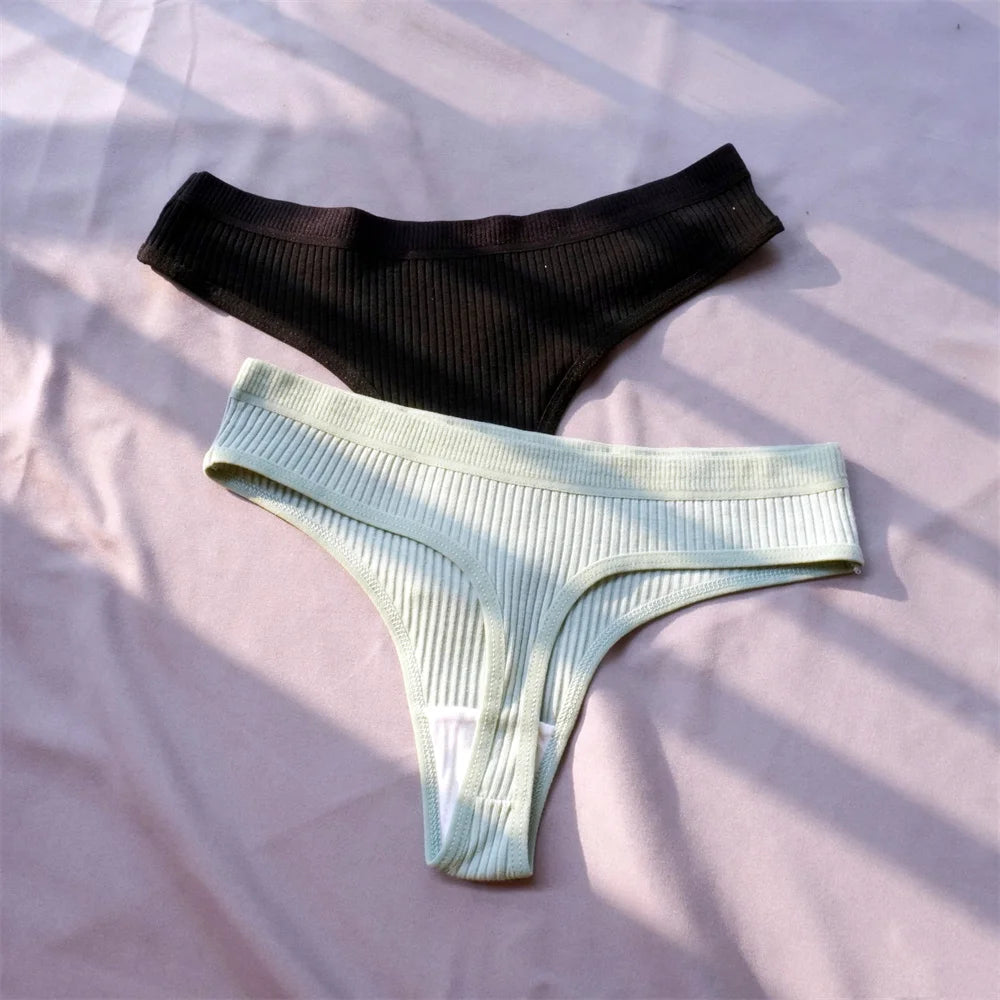 3 Pcs Seamless Ladies Ribbed Cotton Thong Simple Women's Low Waist Bikini Briefs Sports Girls Underwear Plus Size