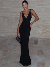 Trendix Knit Backless Dress For Women V Neck Slim Sleeveless Suspender Maxi Dress Vacation Sexy Beach Knitted Elegant Long Dress