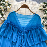 SINGREINY Chic Ruffles Splice Chiffon Blouse V Neck Flared Sleeve Loose Tops 2025 Fashion Solid Fairycore Vacation Women Shirt