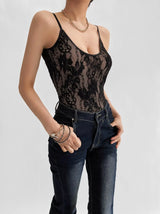 Sexy See Through Lace With Lining Backless Spaghetti Strap Bodysuit Woman Sling Tight Short Jumpsuit Slim Fit Rompers Playsuits